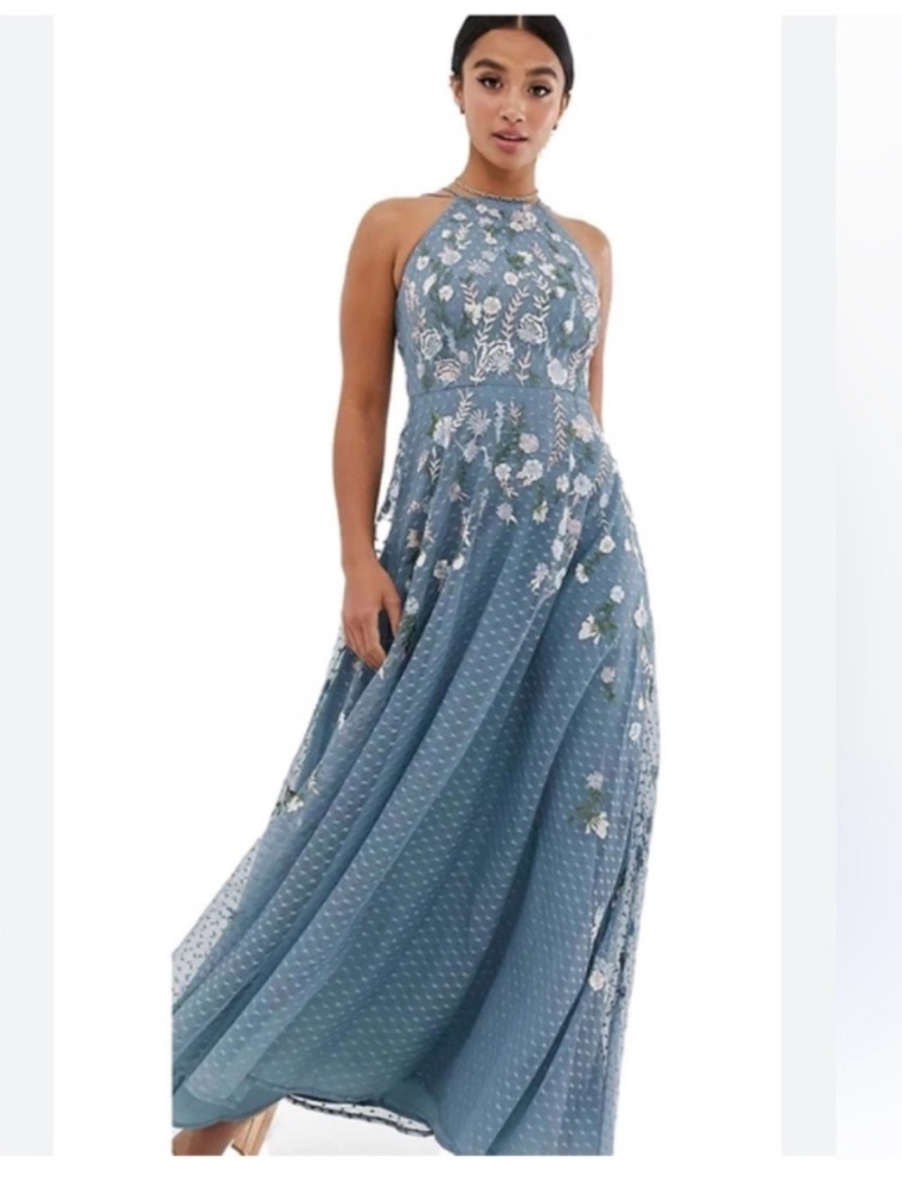 Dusty Blue Embroidered Floral Maxi Dress